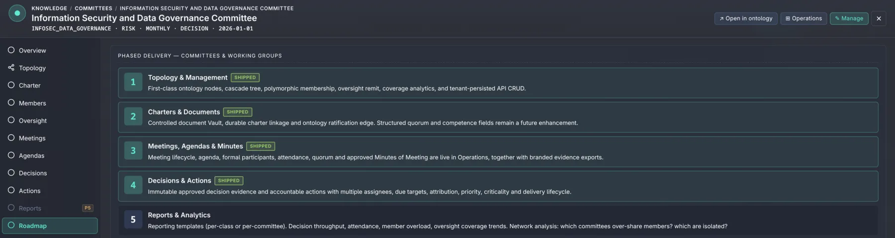 Committee delivery roadmap: topology, charters, meetings and decisions shipped; reporting analytics next
