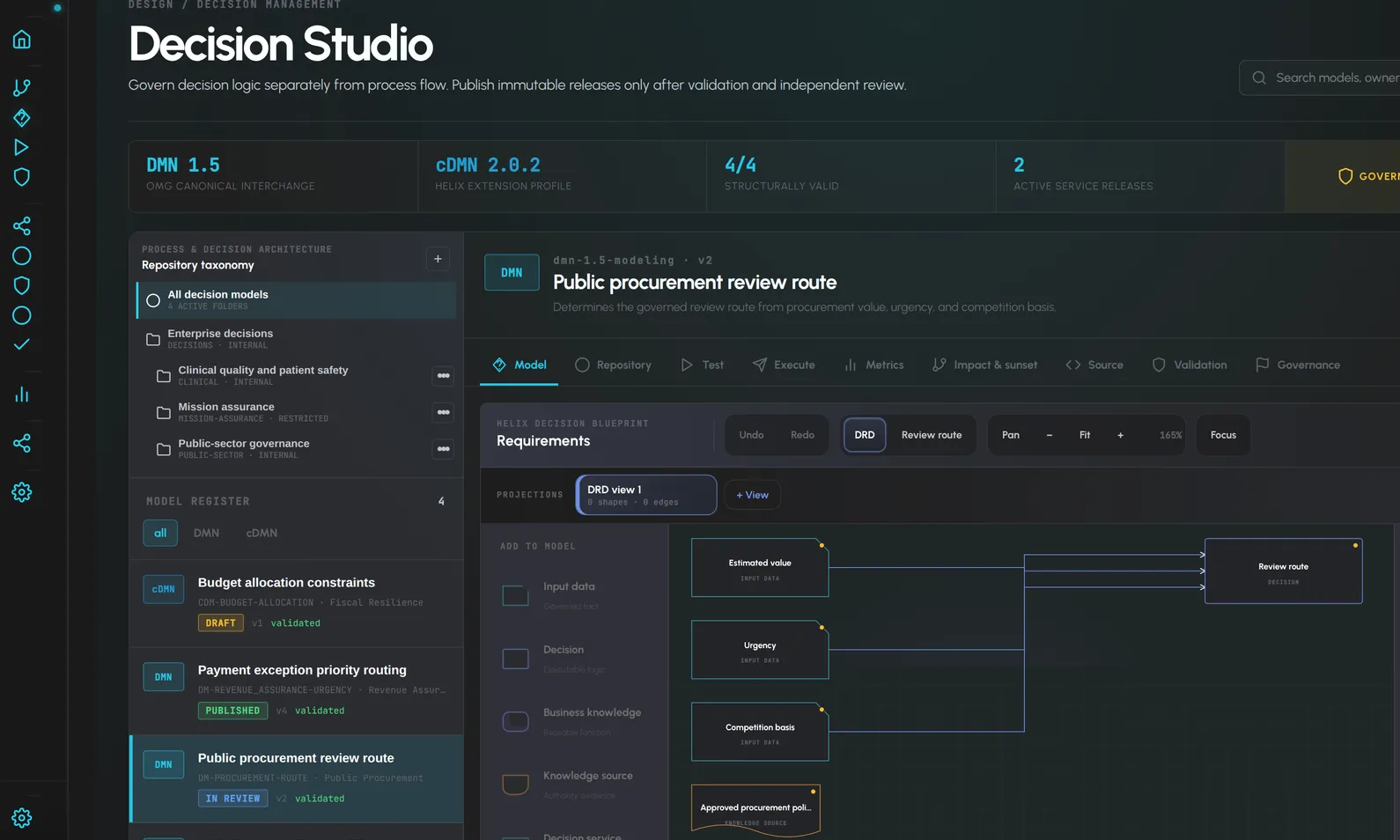 Helix Decision Studio with a DMN decision table and its decision requirements diagram