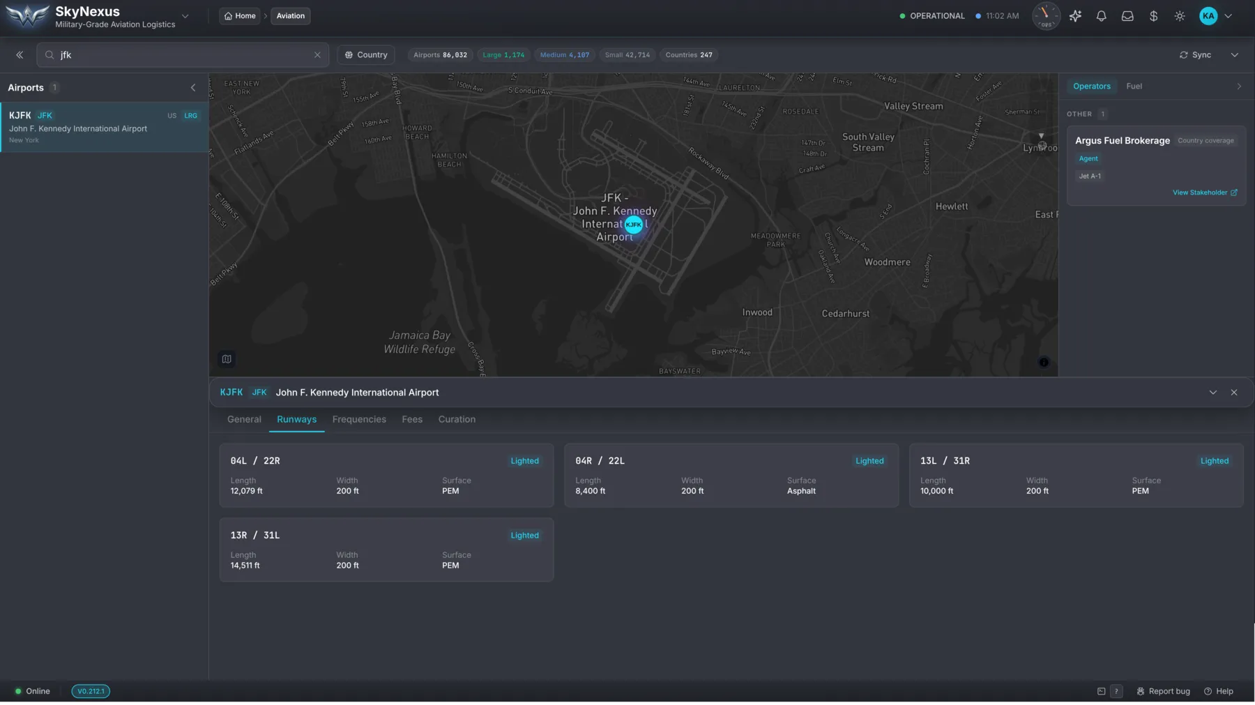 Airport detail for John F. Kennedy International with runways, frequencies and fees