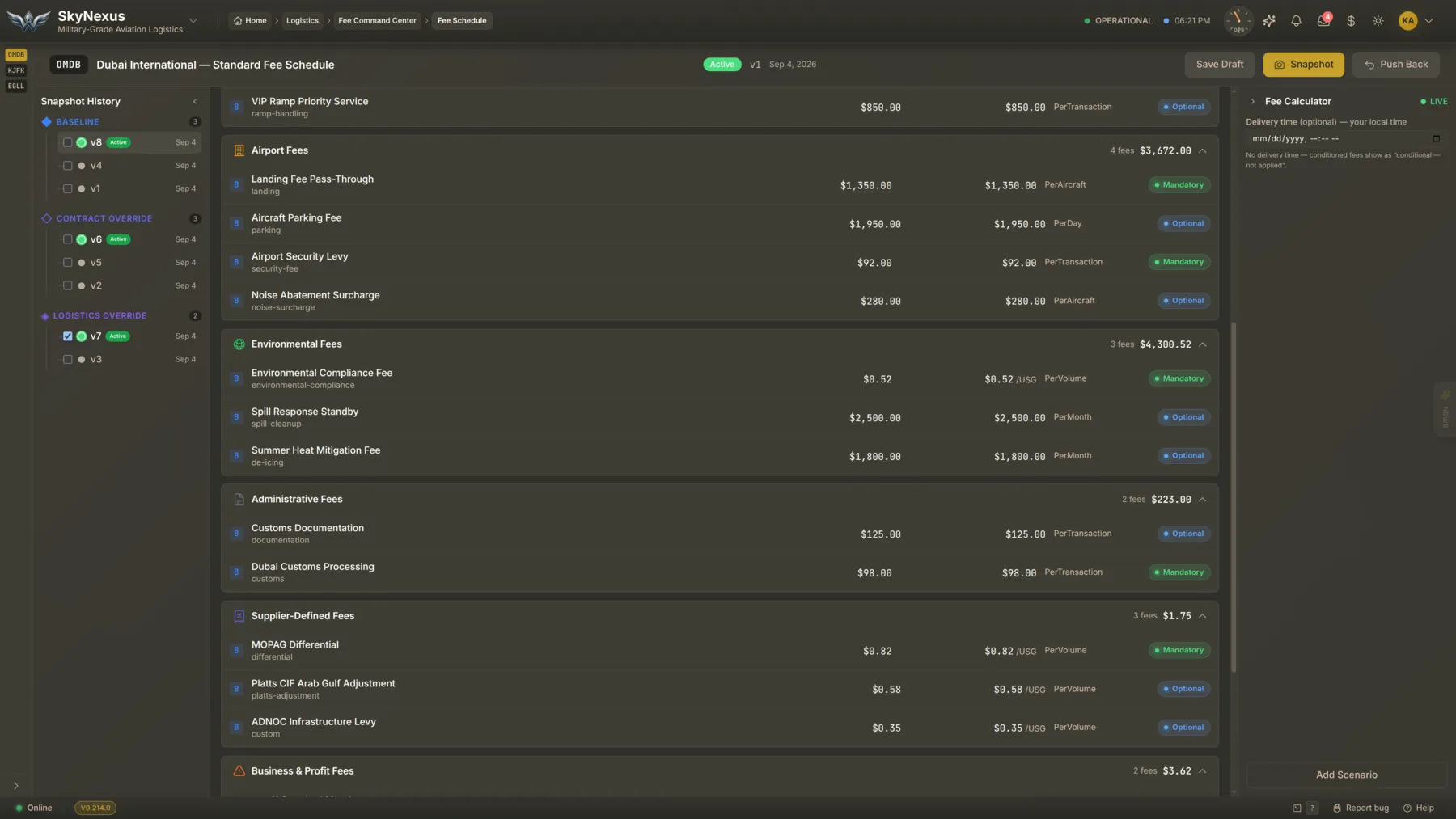 Fee Command Center with a versioned airport fee schedule